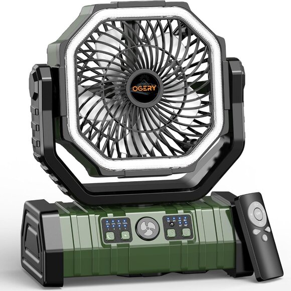 Rechargeable Camping Fan with LED Lantern, Portable Battery Powered Fan, Remote - Picture 1 of 2